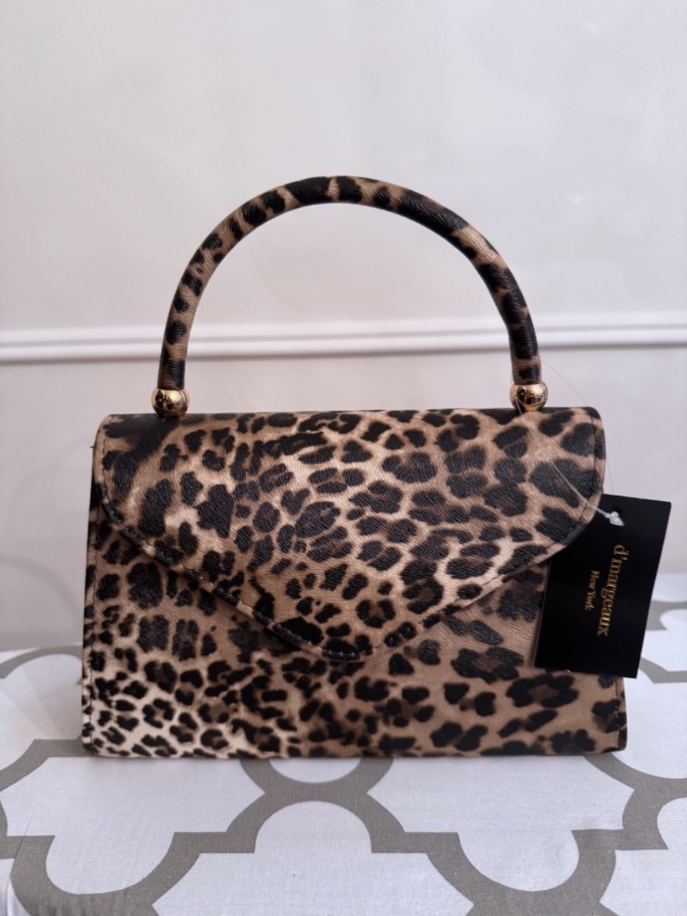 d'margeaux New York Leopard Print Top Handle Envelope Clutch Faux Leather NWT
